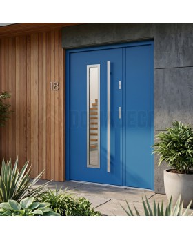 Blue metal entry door with side panel