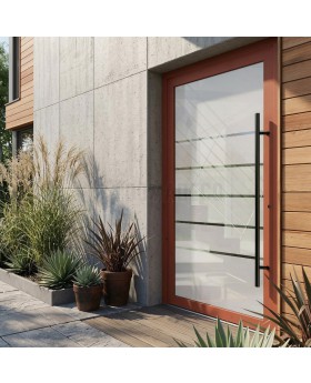 red frosted main door with five transparent stripe