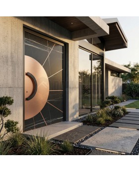 Discover LIM Sahara’s aluminium hinged door, elegantly finished with Sahara Noir sintered quartz and copper sheet.