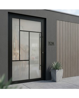 Black fully glazed aluminium pivot door with muntins (glazing bars)