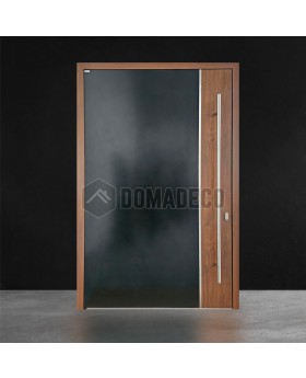 Aluminium pivot front door with wooden decor