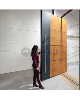 aluminum pivot front door with golden oak wooden decor