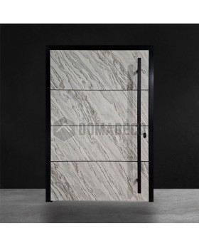 Aluminium front door covered with white rock stone texture