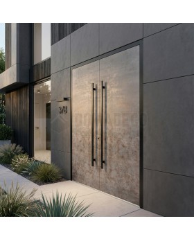 Black aluminium double front door covered with sintered quartz